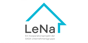 Sie sehen das LeNa Logo. Die Linien eines blauen Giebelhauses. In der Mitte des Hauses steht der Schriftzug: LeNa Eine Kooperation der SAGA-Unternehmensgruppe.